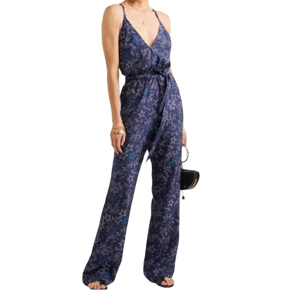 Paloma Blue “Eclipse” star print silk crepe de chine navy sleeveless jumpsuit - Picture 2 of 14